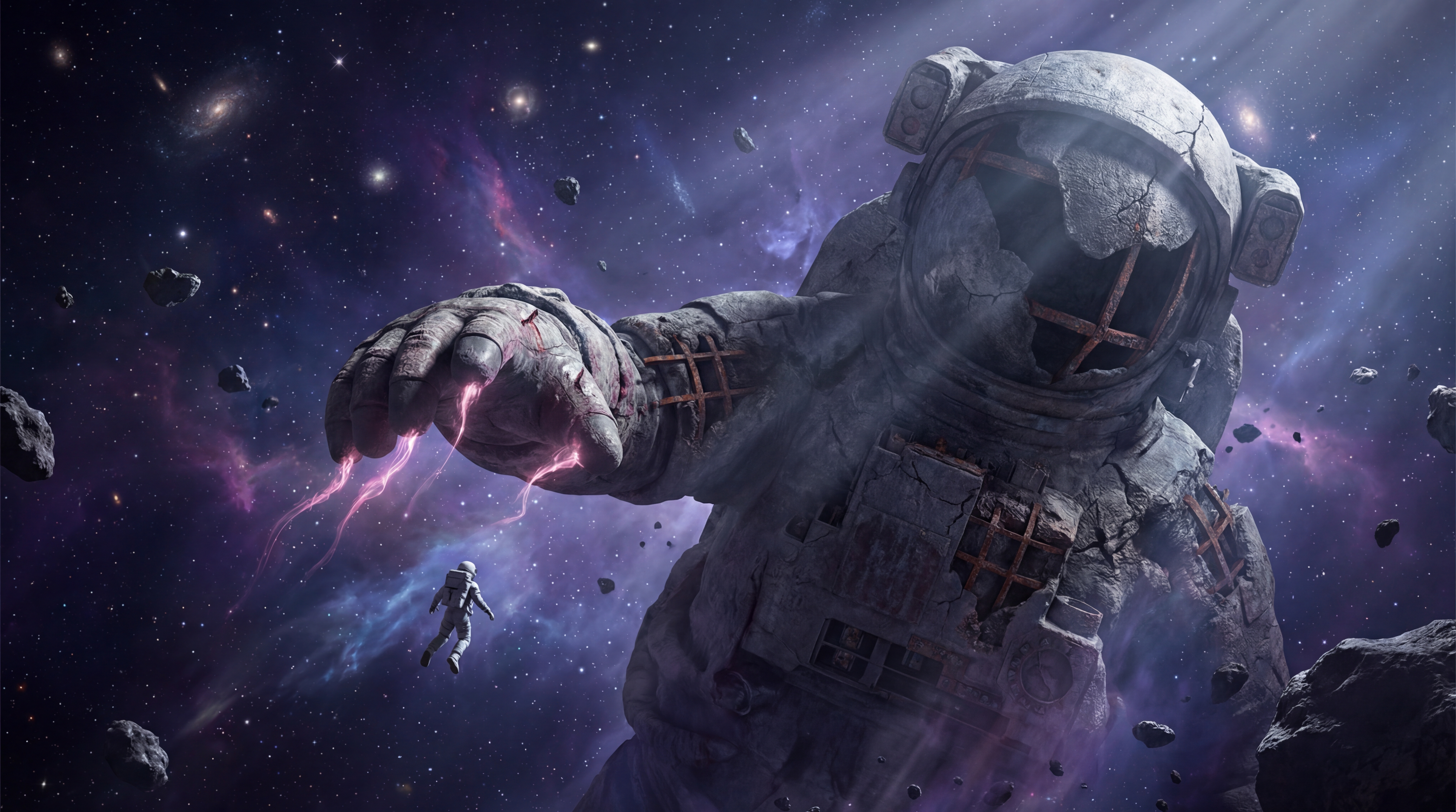 With a fixed camera, a giant rock astronaut slowly raises its hand high and then suddenly launches a full-force downward strike. The human astronaut is spacewalking.