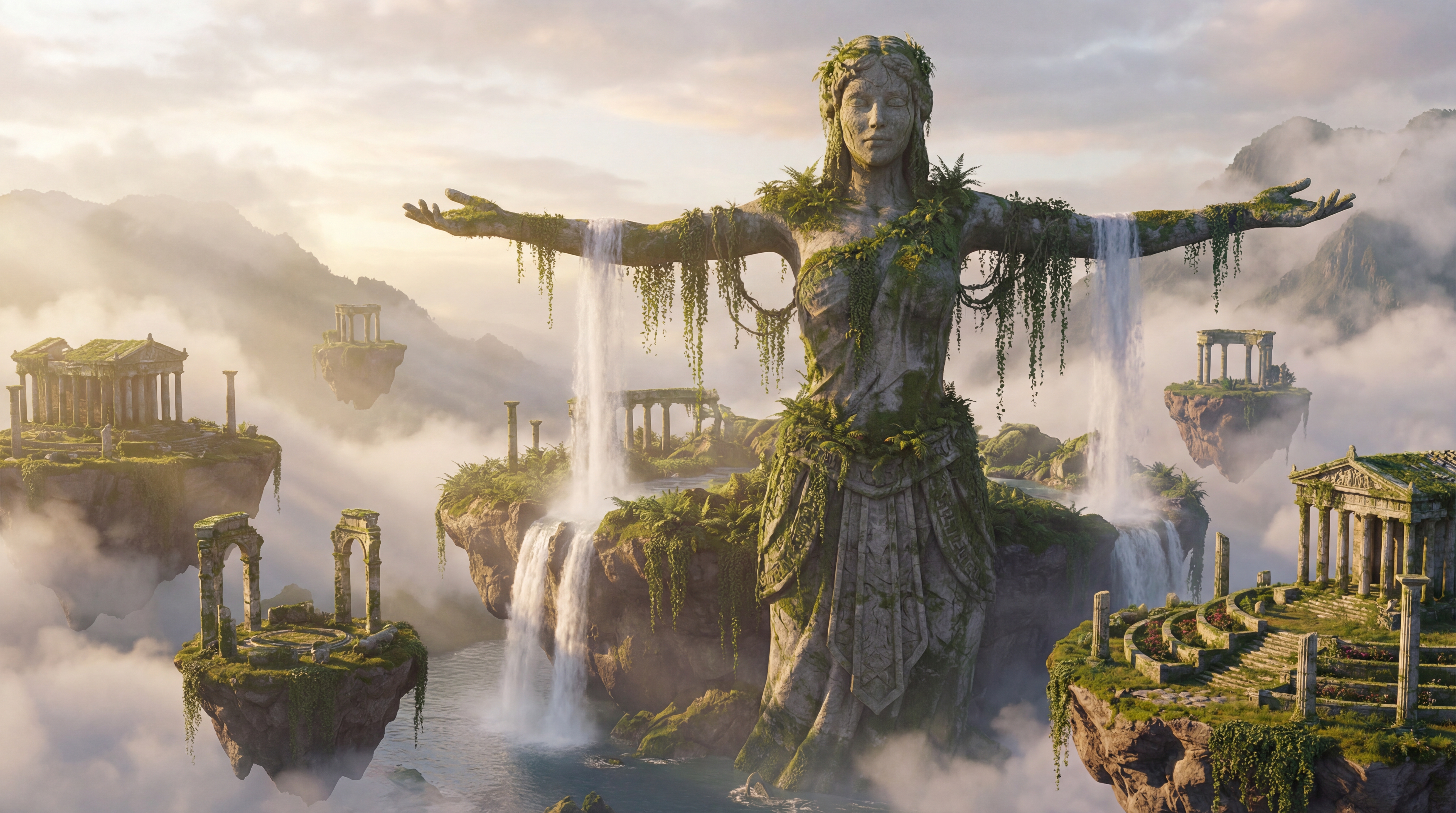 The camera moves downward at high speed from a bird's-eye view, in first person, swooping down at high speed. The camera descends from above, passing through layers of buildings on the edge of the cliff, and finally reaches the castle by the water.